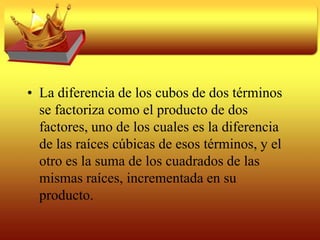El producto (+6) es positivo, lo que indica que ambos términos deben ser positivos o negativos, además la suma también es positiva (+5), por lo que ambos deben ser positivos.Los números buscados son 2 y 3, ya que el producto de estos da 6, y la suma de los mismos da 5.Por lo cual x2 + 5x + 6= (x +2)(x + 3)