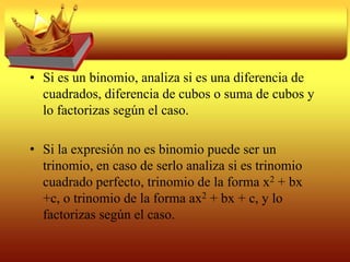 Los factores deben ser dos binomios cuyo primer término sea 5x y los segundos términos deben ser dos números cuyo producto sea 15 y cuya suma sea 16:(5x)2 +16(5x) +15= (5x + 15)(5x + 1)Factorizando:        = 5(x + 3)(5x + 1)Debido a que al trinomio original lo multiplicamos por 5, la expresión anterior la dividiremos entre 5 para tener la factorización del trinomio original:5x2 +16x + 3= (x + 3)(5x + 1)