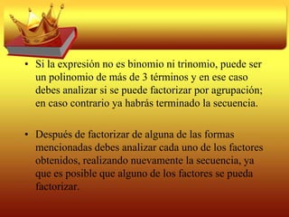 Suma y diferencia de cubosSe tiene una suma o diferencia de cuboscuando en un binomio ambos términos tienen raíz cúbica racional.La suma de los cubos de 2 términos se factoriza como el producto de dos factores, uno de los cuales es la suma de las raíces cúbicas de esos términos, y el otro es la suma de los cuadrados de las mismas raíces, disminuida en su producto.