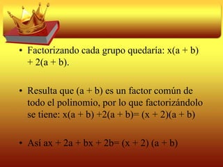 Suma y diferencia de cubosFactorizaciónCuando se habla de factorizar una expresión algebraica, consiste en hallar dos o más factores, cuyo producto sea igual a la expresión propuesta. Por ejemplo:15= (3)(5)14ab= (2)(7)(a)(b)5x + 5y= (5)(x + y)