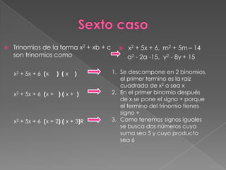    Trinomios de la forma x2 + xb + c        x2 + 5x + 6, m2 + 5m – 14
    son trinomios como                        a2 - 2a -15, y2 - 8y + 15

    x2 + 5x + 6 (x   ) (x    )          1. Se descompone en 2 binomios,
                                           el primer termino es la raíz
                                           cuadrada de x2 o sea x
    x2 + 5x + 6 (x + ) ( x + )          2. En el primer binomio después
                                           de x se pone el signo + porque
                                           el termino del trinomio tienes
                                           signo +
    x2 + 5x + 6 (x + 2) ( x + 3)R       3. Como tenemos signos iguales
                                           se busca dos números cuya
                                           suma sea 5 y cuyo producto
                                           sea 6
 