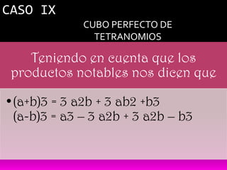 CASO IX
             CUBO PERFECTO DE
               TETRANOMIOS

    Teniendo en cuenta que los
 productos notables nos dicen que

•(a+b)3 = 3 a2b + 3 ab2 +b3
 (a-b)3 = a3 – 3 a2b + 3 a2b – b3
 