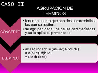 CASO II
                    AGRUPACIÓN DE
                      TÉRMINOS
        • tener en cuenta que son dos características
          las que se repiten.
        • se agrupan cada una de las características,
CONCEPTO y se le aplica el primer caso



            • ab+ac+bd+dc = (ab+ac)+(bd+dc)
              = a(b+c)+d(b+c)
EJEMPLO       = (a+d) (b+c)
 