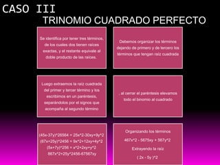 CASO III
      TRINOMIO CUADRADO PERFECTO
     Se identifica por tener tres términos,
                                               Debemos organizar los términos
       de los cuales dos tienen raíces
                                              dejando de primero y de tercero los
      exactas, y el restante equivale al
                                              términos que tengan raíz cuadrada
        doble producto de las raíces.




      Luego extraemos la raíz cuadrada
       del primer y tercer término y los
                                               , al cerrar el paréntesis elevamos
        escribimos en un paréntesis,
                                                 todo el binomio al cuadrado
       separándolos por el signos que
        acompaña al segundo término




                                                  Organizando los términos
     (45x-37y)^26564 = 25x^2-30xy+9y^2
     (67x+25y)^2456 = 9x^2+12xy+4y^2              467x^2 - 5675xy + 567y^2
         (5x+7y)^256 = x^2+2xy+y^2                    Extrayendo la raíz
         867x^2+25y^2456-67567xy
                                                         ( 2x - 5y )^2
 