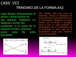 CASO VII
              TRINOMIO DE LA FORMA AX2
Aspa Simple: Descomponer el        Otro Método: Abrir dos pares de
       ...