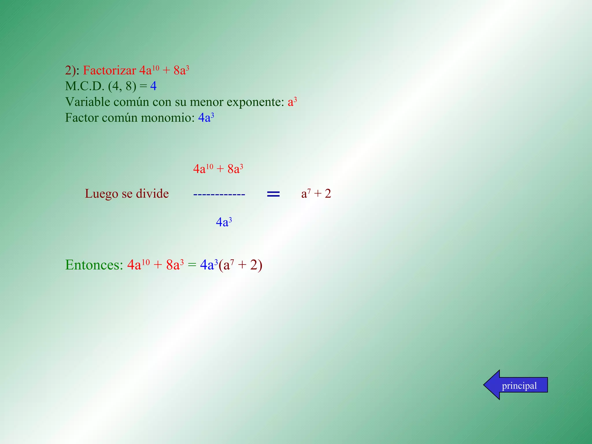          2 ) :  Factorizar 4a 10  + 8a 3 M.C.D. (4, 8) =  4 Variable común con su menor exponente:  a 3 Factor común monomio:  4a 3 Entonces:  4a 10  + 8a 3  =  4a 3 (a 7  + 2) principal 4a 10  + 8a 3   Luego se divide  ------------ =   a 7  + 2   4a 3 