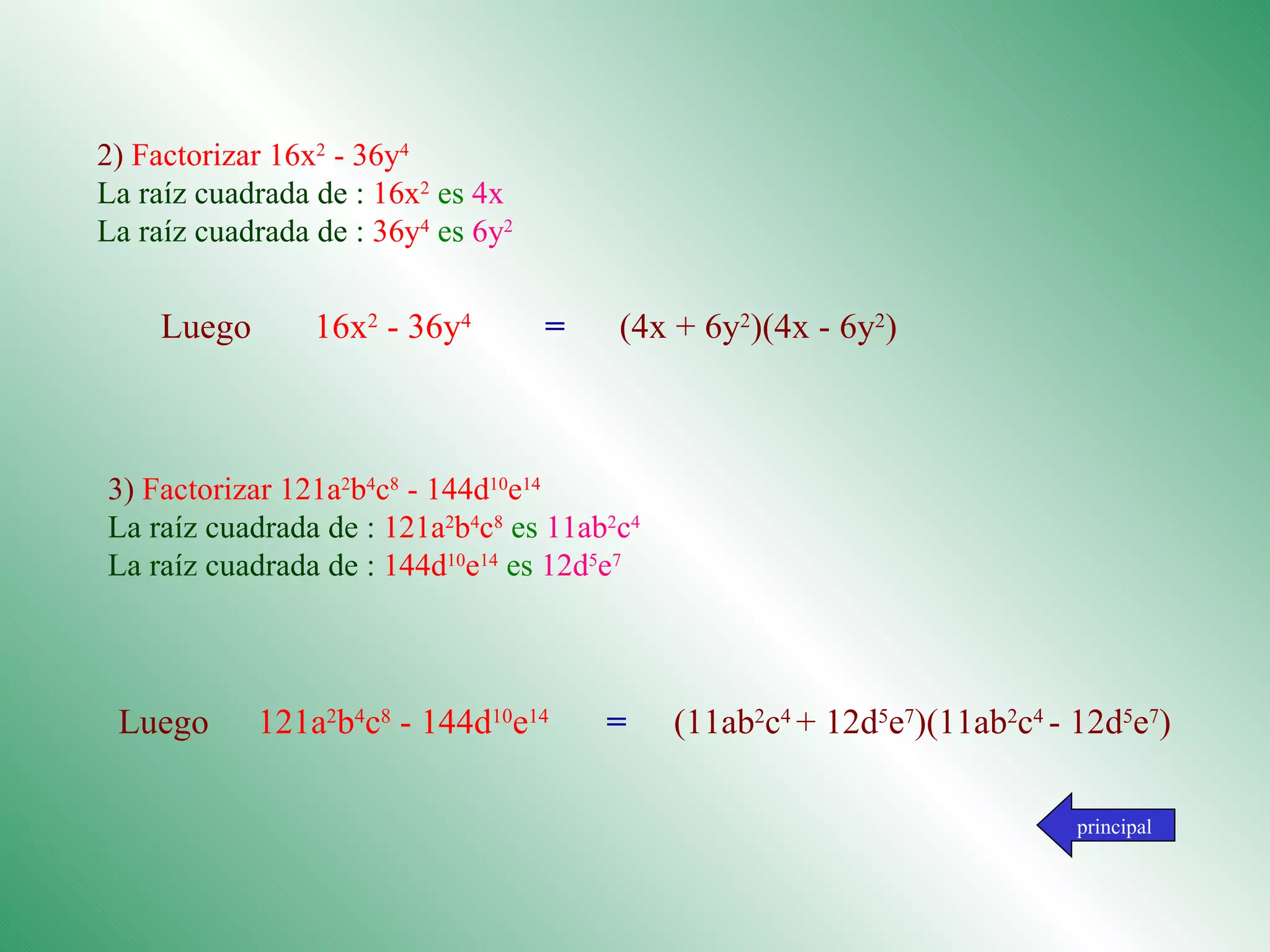 2)   Factorizar 16x 2  - 36y 4 La raíz cuadrada de :  16x 2   es  4x La raíz cuadrada de :  36y 4   es   6y 2               3)   Factorizar 121a 2 b 4 c 8  - 144d 10 e 14 La raíz cuadrada de :  121a 2 b 4 c 8   es  11ab 2 c 4 La raíz cuadrada de :  144d 10 e 14   es   12d 5 e 7 principal Luego  16x 2  - 36y 4   =  (4x + 6y 2 )(4x - 6y 2 ) Luego  121a 2 b 4 c 8  - 144d 10 e 14  =  (11ab 2 c 4  + 12d 5 e 7 )(11ab 2 c 4  - 12d 5 e 7 ) 