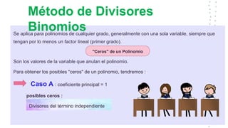 Método de Divisores
Binomios
Se aplica para polinomios de cualquier grado, generalmente con una sola variable, siempre que
tengan por lo menos un factor lineal (primer grado).
"Ceros" de un Polinomio
Son los valores de la variable que anulan el polinomio.
Para obtener los posibles "ceros" de un polinomio, tendremos :
Caso A : coeficiente principal = 1
posibles ceros :
Divisores del término independiente
 