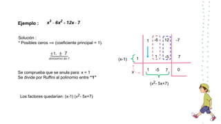 Ejemplo :
Solución :
* Posibles ceros ⟹ (coeficiente principal = 1).
±1, ± 7
𝑑𝑖𝑣𝑖𝑠𝑜𝑟𝑒𝑠 𝑑𝑒 7
-7
1 12
-6
1
1
x
1
Se comprueba que se anula para: x = 1
Se divide por Ruffini al polinomio entre “1”
-5
-5
7
7
0
Los factores quedarían: (x-1) (x2- 5x+7)
(x-1)
(x2- 5x+7)
 