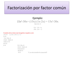 Factorización por factor común
Ejemplo:
15x²-30x= (15x) (1x-2x) = 15x²-30x
M.C.D=15
15x² 15x =1x
-30x 15x = -2
Cuando solo se tiene una incognita se iguala a cero.
15x=0 x-2=0 x=0+2 x= 2
X=0
15x²-30x=0
15(0)² -30(0)=0
15(0) -0=0
0-0=0
0=0
15x²-30x=0
15(2)² -30(2)=0
15(4)-60=0
60-60=0
0=0
Y ya esta resuelta la ecuacion

 