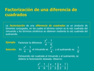 Factorización de una diferencia de cuadrados La  factorización  de una  diferencia de cuadrados  es un producto de binomios conjugados, en los cuales el término común es la raíz cuadrada del minuendo y los términos simétricos se obtienen mediante la raíz cuadrada del sustraendo. Ejemplo Factorizar la diferencia el minuendo es Solución Extrayendo raíz cuadrada al minuendo y al sustraendo, se obtiene la factorización deseada. Observe: y el sustraendo es En 