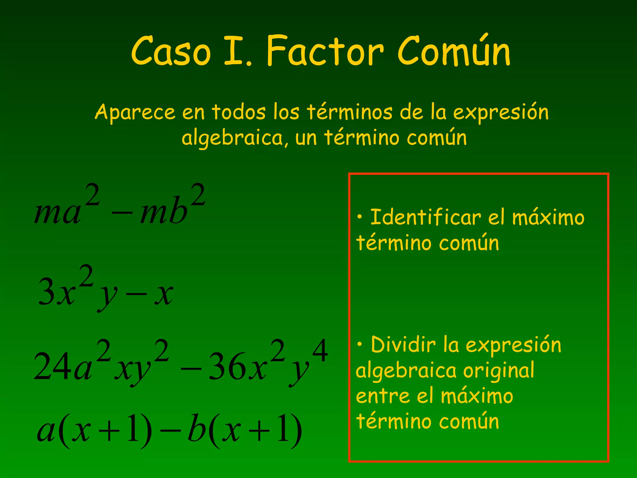 Caso I. Factor Común Aparece en todos los términos de la expresión  algebraica, un término común Identificar el máximo  término común Dividir la expresión algebraica original entre el máximo  término común 