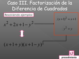 Resolviendo ejemplos:
                             ( x + 1) 2 = x + 1
 2                 2
x + 2x +1− y                        2
                                  y =y




( x + 1 + y )( x + 1 − y )

                                procedimiento
 