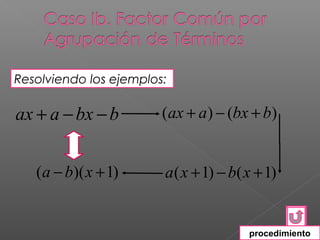 Resolviendo los ejemplos:

ax + a − bx − b         (ax + a ) − (bx + b)


   (a − b)( x + 1)      a ( x + 1) − b( x + 1)


                                        procedimiento
 