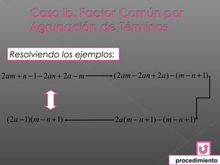 Resolviendo los ejemplos:

2am + n − 1 − 2an + 2a − m   (2am − 2an + 2a) − (m − n + 1)




 (2a − 1)(m − n + 1)          2a (m − n + 1) − (m − n + 1)



                                                   procedimiento
 