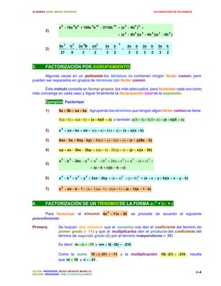 ÁLGEBRA: NIVEL MEDIO SUPERIOR                                                                                           FATORIZACIÓN DE POLINIMIOS




                   9
                 a − 18a b
                                       6   5
                                               + 108a 3 b 10 − 2116b 15 = (a 3 − 6b 5 ) 3 =
        2)                                                                                  3       5       3       5      3      5
                                                                                    = (a − 6b )(a − 6b )(a − 6b )

                                                                                    3
                                                                            2a − b  =  2a − b  2a − b  2a − b 
                       3           3                2                 2
                 8a            b               2a   b            ab
        3)                 −               −                +             =                                   
                  27               8            3                 2         3 2   3 2  3 2  3 2 


3.      FACTORIZACIÓN POR AGRUPAMIENTO.

      Algunas veces en un polinomio los términos no contienen ningún factor común, pero
pueden ser separados en grupos de términos con factor común.

      Este método consiste en formar grupos, los más adecuados, para factorizar cada uno como
más convenga en cada caso y lograr finalmente la factorización total de la expresión.

        Ejemplos: Factorizar:

        1)       5a + 5b + ax + bx . Agrupando los términos que tengan algún factor común se tiene:

                 5(a + b) + x(a + b) = (a + b)(5 + x) o también a(5 + x) + b(5 + x) = (a + b)(5 + x)

                   2
        2)       x + ax + bx + ab = x(x + a) + b(x + a) = (x + a)(x + b)

        3)       8ax − bx + 8ay − by) = 8a(x + y) − b(x + y) = (x + y)(8a − b)

        4)       ap + ax − 2bx − 2bp = a(p + x) − 2b(p + x) = (p + x)(a − 2b)

                   2           2                            2      2           2        2       2               2
                 a − b − 2bc − c = a − (b + 2bc + c ) = a − (b + c) =
        5)
                                                                = (a + b + c)(a − b − c)


        6)         2           2           2            2
                 a − b + x − y + 2ax − 2by = (a + x) − (y + b)
                                                                                        2               2
                                                                                                            = (a + x + y + b)(a + x − y − b)

                   2
        7)       a − ab − b − 1 = (a + 1)(a − 1) − b(a + 1) = (a + 1)(a − 1 − b)



4.      FACTORIZACIÓN DE UN TRIN0MIO DE LA FORMA ax2 + bx + c

      Para factorizar el trinomio 6x 2 − 11x − 35                                               se procede de acuerdo al siguiente
procedimiento:

Primero.         Se buscan dos números que al sumarlos nos den el coeficiente del termino de
                 primer grado (- 11) y que al multiplicarlos den el producto del coeficiente del
                 término de segundo grado (6) por el término independiente (- 35)

                 Es decir: m + n = −11 y mn = 6( −35) = −210

                 Como la suma: 10 + ( −21) = − 11 y la multiplicación: 10( −21) = −210 , resulta
                 que: m = 10 y n = −21 .


AUTOR: PROFESOR JESÚS INFANTE MURILLO                                                                                                                4-4
EDICIÓN: PROFESOR PABLO FUENTES RAMOS
 