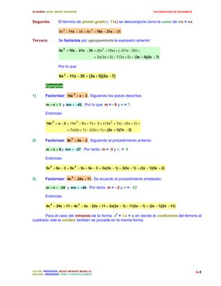 ÁLGEBRA: NIVEL MEDIO SUPERIOR                                                        FATORIZACIÓN DE POLINIMIOS



Segundo.           El término de primer grado (- 11x) se descompone como la suma de mx + nx:

                     2                    2
                   6x − 11x − 35 = 6x + 10x − 21x − 35

Tercero.           Se factoriza por agrupamiento la expresión anterior:

                     2                             2
                   6x + 10x − 21x − 35 = (6x + 10x) + ( −21x − 35) =
                                              = 2x(3x + 5) − 7(3x + 5) = (3x + 5)(2x − 7)

                   Por lo que:

                   6x 2 − 11x − 35 = (3x + 5)(2x − 7)

        Ejemplos.

1)      Factorizar: 14x 2 + x − 3 . Siguiendo los pasos descritos:

        m + n = 1 y mn = −42 . Por lo que: m = - 6 y n = 7.

        Entonces:

               2                  2                      2
        14x + x − 3 = 14x − 6x + 7x − 3 = (14x + 7x) − (6x + 3) =
                         = 7x(2x + 1) − 3(2x + 1) = (2x + 1)(7x − 3)


2)      Factorizar: 9x 2 + 6x − 3 . Siguiendo el procedimiento anterior:

        m + n = 6 y mn = −27 . Por tanto: m = -3 y n = 9

        Entonces:

           2                  2
        9x + 6x − 3 = 9x − 3x + 9x − 3 = 3x(3x − 1) + 3(3x − 1) = (3x − 1)(3x + 3)


3)      Factorizar: 4x 2 − 24x + 11 . De acuerdo al procedimiento empleado:

        m + n = − 24 y mn = −44 . Por tanto: m = - 2 y n = - 22

        Entonces:

           2                          2
        4x − 24x + 11 = 4x − 2x − 22x + 11 = 2x(2x − 1) − 11(2x − 1) = (2x − 1)(2x − 11)

       Para el caso del trinomio de la forma: x2 + bx + c en donde el coeficiente del término al
cuadrado vale la unidad, también se procede en la misma forma.




AUTOR: PROFESOR JESÚS INFANTE MURILLO                                                                             4-5
EDICIÓN: PROFESOR PABLO FUENTES RAMOS
 