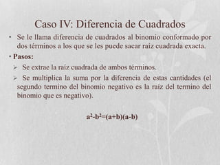 Caso IV: Diferencia de Cuadrados
• Se le llama diferencia de cuadrados al binomio conformado por
   dos términos a los que se les puede sacar raíz cuadrada exacta.
• Pasos:
   Se extrae la raíz cuadrada de ambos términos.
   Se multiplica la suma por la diferencia de estas cantidades (el
   segundo termino del binomio negativo es la raíz del termino del
   binomio que es negativo).

                         a2-b2=(a+b)(a-b)
 