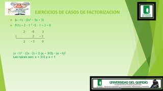 EJERCICIOS DE CASOS DE FACTORIZACION
 (x −1) · (2x2 − 5x + 3)
 P(1) = 2 · 1 2 −5 · 1 + 3 = 0
(x −1)2 · (2x −3) = 2 (x − 3/2) · (x −1)2
Las raíces son: x = 3/2 y x = 1
 