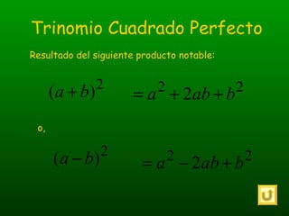 Trinomio de la forma 
x2 + cx + d 
Resultado del siguiente producto notable: 
(x + a)(x + b) 
Donde: 
c = a + b 
= x2 + (a...