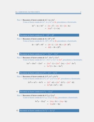 2.1. EJERCICIOS: FACTOR COMÚN 6
Paso 1 Buscamos el factor común de 2a3
, 4a y 6a2
.
Como el factor común de 2a3
, 4a y 6a2
es 2a, procedemos a factorizarlo.
2a3
− 4a + 6a2
= (2a · a2
) − (2a · 2) + (2a · 3a)
= 2a(a2
− 2 + 3a)
8. Encontrar un factor común en 4b − 12b2
+ 8b3
Paso 1 Buscamos el factor común de 4b, 12b2
y 8b3
.
Como el factor común de 4b, 12b2
y 8b3
es 4b, procedemos a factorizarlo.
4b − 12b2
+ 8b3
= (4b · 1) − (4b · 3b) + (4b · 2b2
)
= 4b(1 − 3b + 2b2
)
9. Encontrar un factor común en 5m2
+ 10m3
− 15m5
Paso 1 Buscamos el factor común de 5m2
, 10m3
y 15m5
.
Como el factor común de 5m2
, 10m3
y 15m5
es 5m2
, procedemos a factorizarlo.
5m2
+ 10m3
− 15m5
= (5m2
· 1) + (5m2
· 2m) − (5m2
· 3m3
)
= 5m2
(1 + 2m − 3m3
)
10. Encontrar un factor común en 2a3
b + 4a5
c − 6a2
d
Paso 1 Buscamos el factor común de 2a3
b, 4a5
c y 6a2
d.
Como el factor común de 2a3
b, 4a5c
y 6a2
d es 2a2
, procedemos a factorizarlo.
2a3
b + 4a5
c − 6a2
d = (2a2
· ab) + (2a2
· 2a3
c) − (2a2
· 3d)
= 2a2
(ab + 2a3
c − 3d)
11. Encontrar un factor común en 8x2
y − 12xy2
Paso 1 Buscamos el factor común de 8x2
y y 12xy2
.
Como el factor común de 8x2
y y 12xy2
es 4xy, procedemos a factorizarlo.
8x2
y − 12xy2
= (4xy · 2x) − (4xy · 3y)
= 4xy(2x − 3y)
12. Encontrar un factor común en 20x3
y2
+ 25x2
y3
 