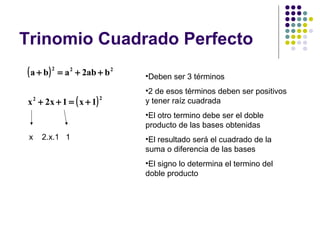Trinomio Cuadrado Perfecto
( a + b ) 2 = a 2 + 2ab + b 2   •Deben ser 3 términos
                                •2 de esos términos deben ser positivos
x 2 + 2 x + 1 = ( x + 1)
                           2
                                y tener raíz cuadrada
                                •El otro termino debe ser el doble
                                producto de las bases obtenidas
 x   2.x.1 1                    •El resultado será el cuadrado de la
                                suma o diferencia de las bases
                                •El signo lo determina el termino del
                                doble producto
 
