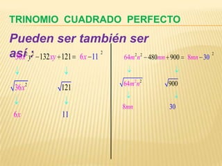 TRINOMIO CUADRADO PERFECTO
Pueden ser también ser
así2 y:2 132 xy 121 6 x 11 2
 36 x                              2 2
                             64m n 480mn   900   8mn 30
                                                          2




        2                    64m2 n2       900
 36 x        121

                             8mn           30
 6x          11
 