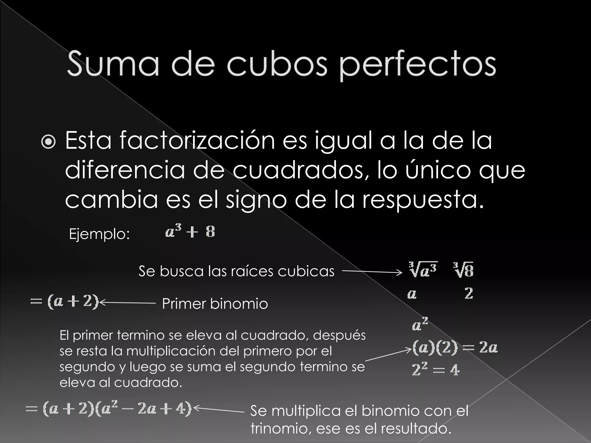    Esta factorización es igual a la de la
    diferencia de cuadrados, lo único que
    cambia es el signo de la respuesta.
     Ejemplo:

                Se busca las raíces cubicas

                   Primer binomio

    El primer termino se eleva al cuadrado, después
    se resta la multiplicación del primero por el
    segundo y luego se suma el segundo termino se
    eleva al cuadrado.

                                 Se multiplica el binomio con el
                                 trinomio, ese es el resultado.
 