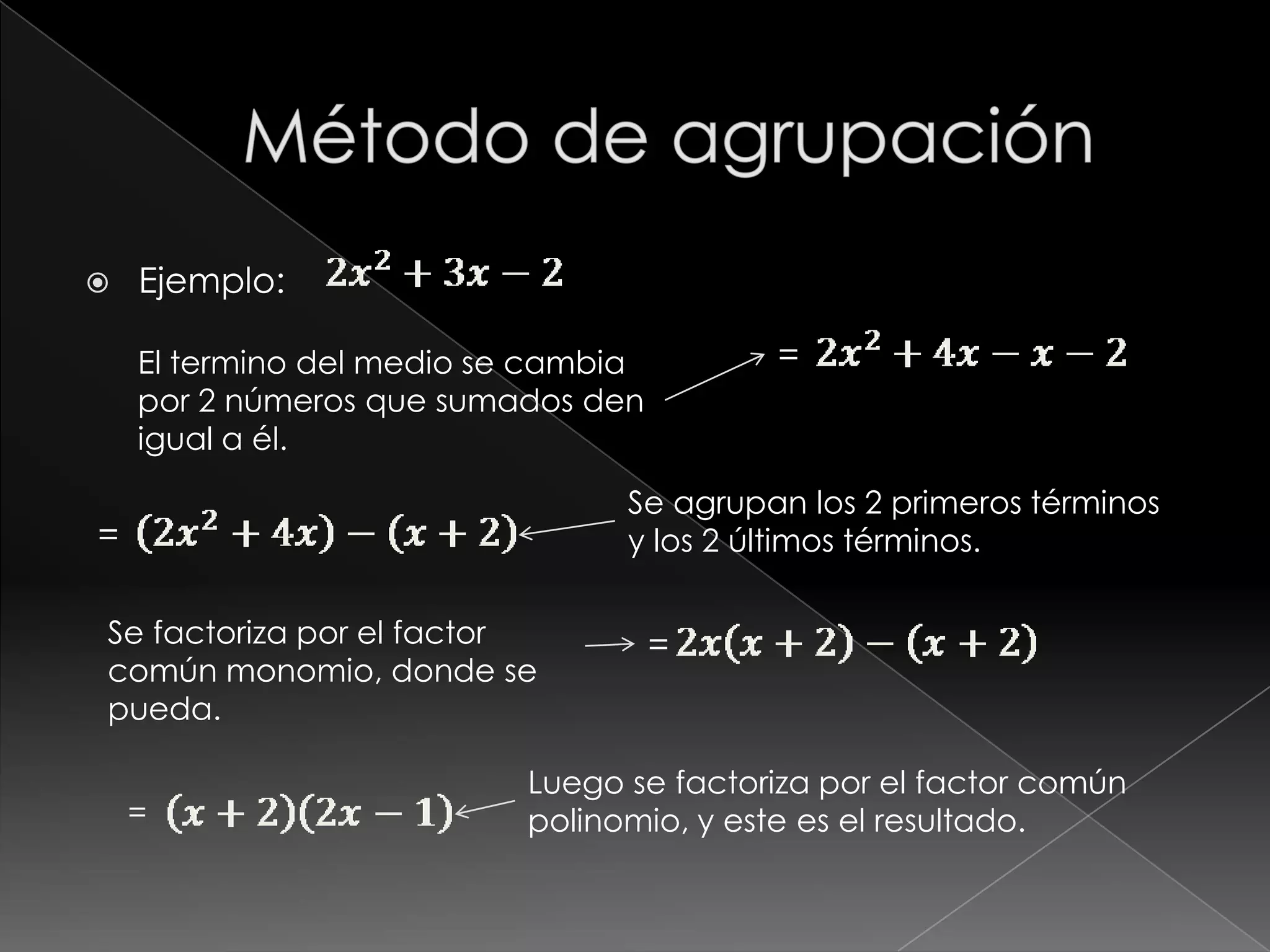    Ejemplo:

    El termino del medio se cambia        =
    por 2 números que sumados den
    igual a él.

                                 Se agrupan los 2 primeros términos
=                                y los 2 últimos términos.

Se factoriza por el factor           =
común monomio, donde se
pueda.

                           Luego se factoriza por el factor común
    =                      polinomio, y este es el resultado.
 