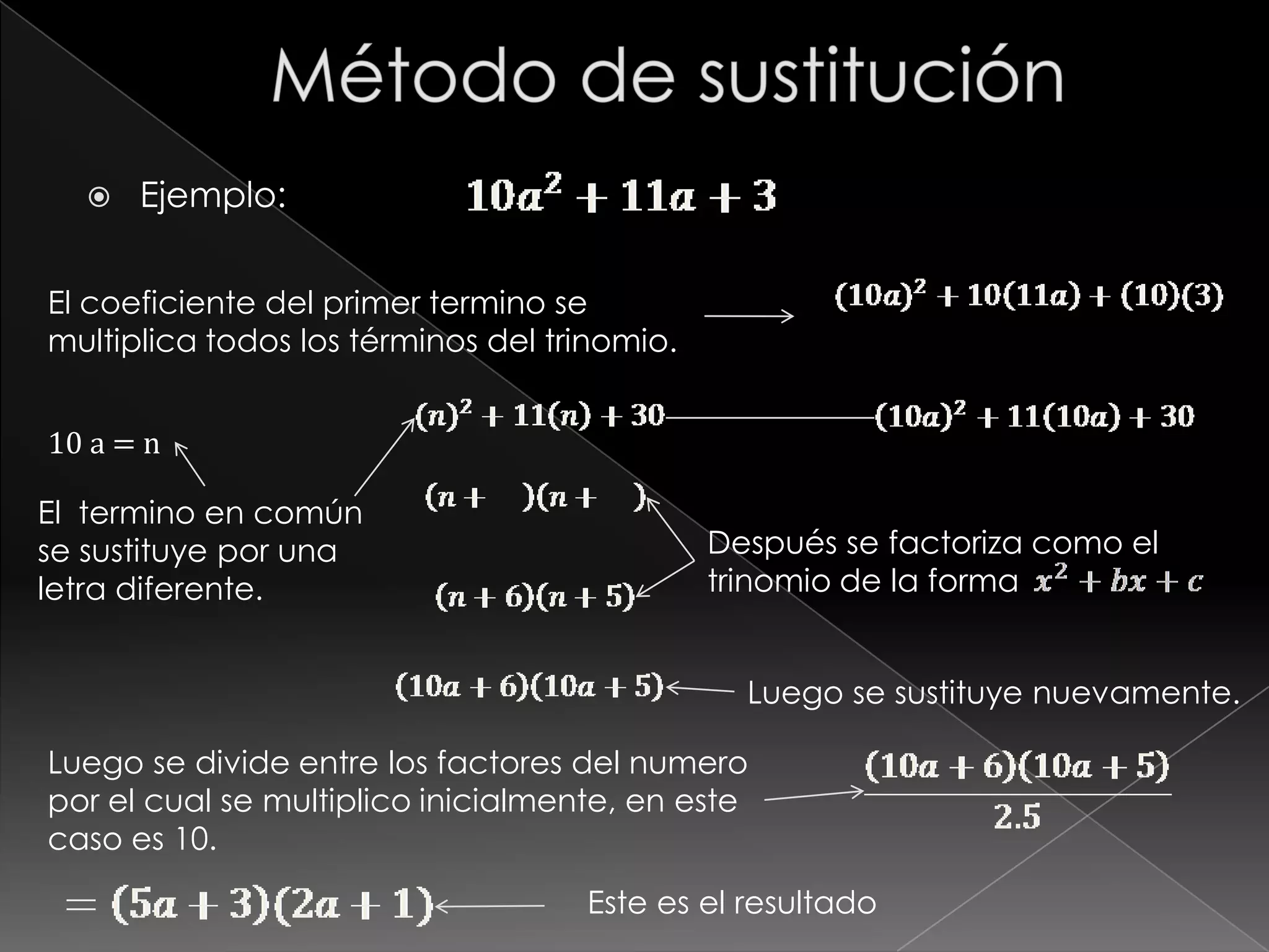    Ejemplo:


El coeficiente del primer termino se
multiplica todos los términos del trinomio.


10 a = n

El termino en común
se sustituye por una                          Después se factoriza como el
letra diferente.                              trinomio de la forma


                                                Luego se sustituye nuevamente.

Luego se divide entre los factores del numero
por el cual se multiplico inicialmente, en este
caso es 10.

                                    Este es el resultado
 