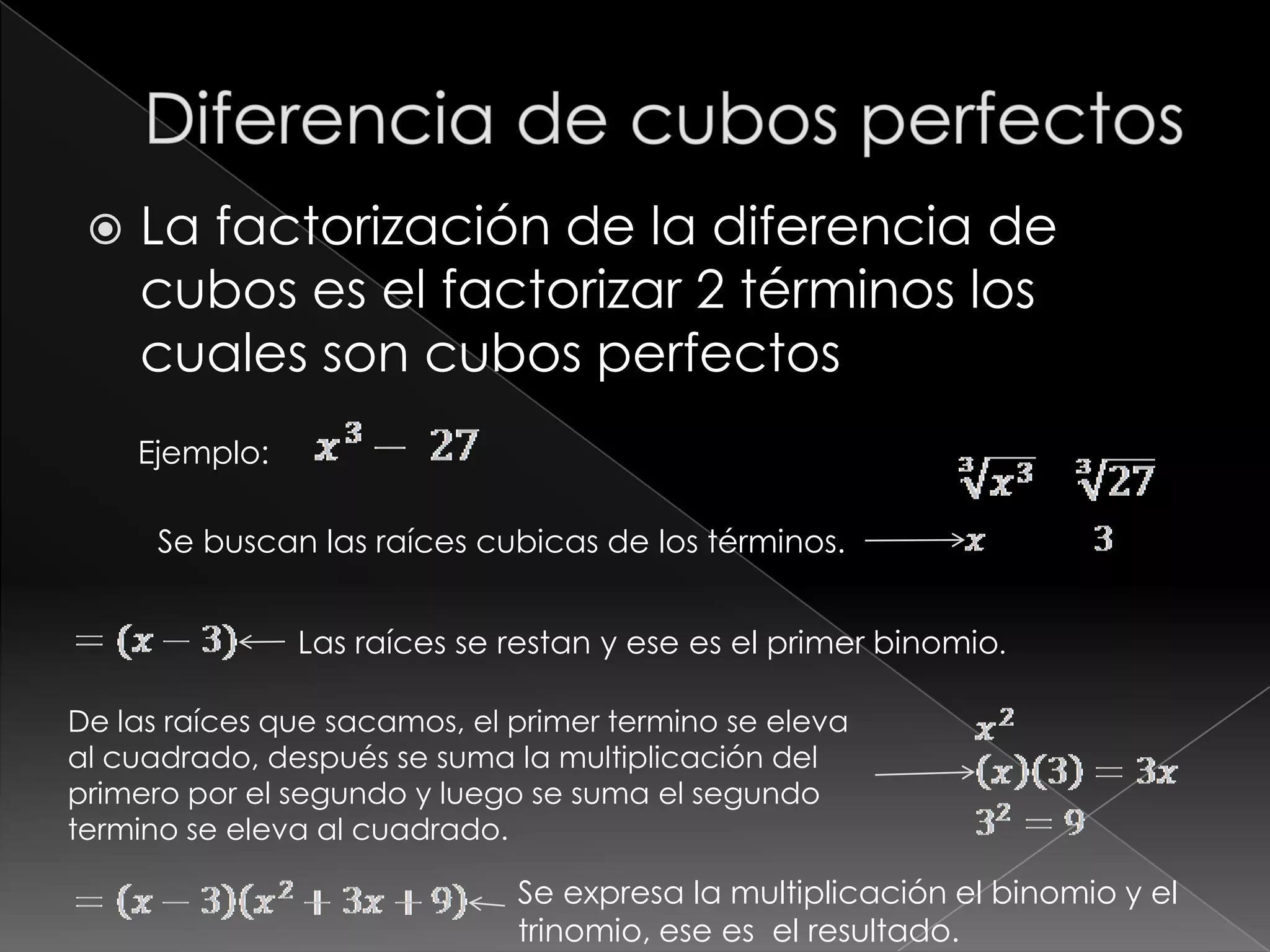    La factorización de la diferencia de
     cubos es el factorizar 2 términos los
     cuales son cubos perfectos
     Ejemplo:

      Se buscan las raíces cubicas de los términos.


                Las raíces se restan y ese es el primer binomio.

De las raíces que sacamos, el primer termino se eleva
al cuadrado, después se suma la multiplicación del
primero por el segundo y luego se suma el segundo
termino se eleva al cuadrado.

                              Se expresa la multiplicación el binomio y el
                              trinomio, ese es el resultado.
 