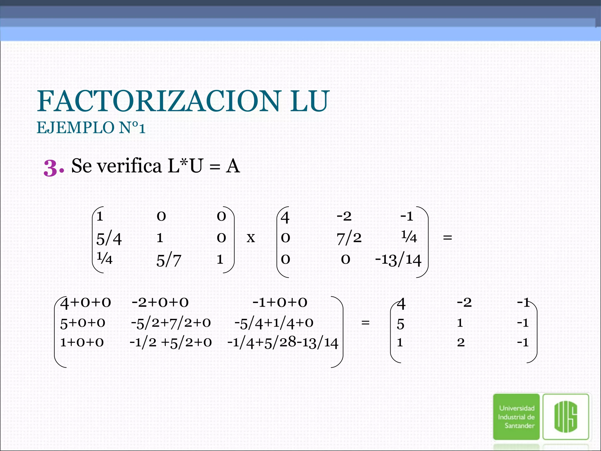 FACTORIZACION LU EJEMPLO N°1 3.   Se verifica L*U = A 1 0 0   4 -2  -1 5/4 1 0  x   0  7/2   ¼  = ¼ 5/7 1   0  0  -13/14 4+0+0  -2+0+0    -1+0+0 4 -2 -1 5+0+0  -5/2+7/2+0    -5/4+1/4+0  =  5 1 -1 1+0+0  -1/2 +5/2+0   -1/4+5/28-13/14 1 2 -1 