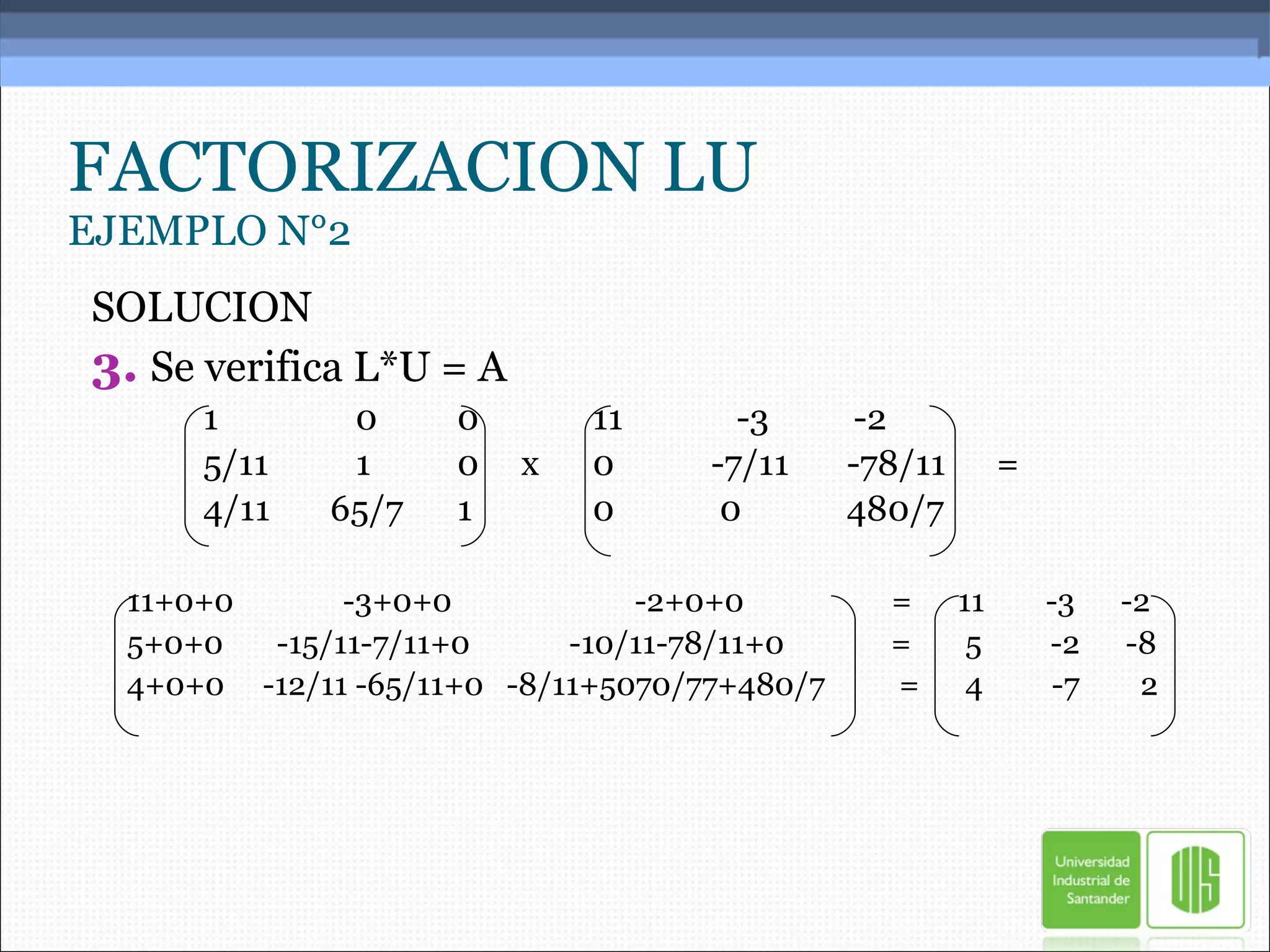 FACTORIZACION LU EJEMPLO N°2 SOLUCION 3.   Se verifica L*U = A 1   0 0   11   -3  -2 5/11   1 0  x   0  -7/11   -78/11  = 4/11 65/7 1   0  0   480/7 11+0+0  -3+0+0  -2+0+0   =  11  -3  -2 5+0+0  -15/11-7/11+0  -10/11-78/11+0  =  5  -2  -8 4+0+0  -12/11 -65/11+0  -8/11+5070/77+480/7   = 4  -7  2 