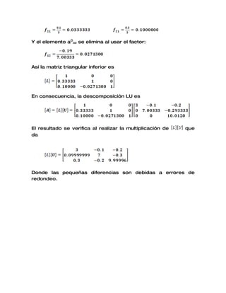 Y el elemento a’32 se elimina al usar el factor:




Así la matriz triangular inferior es




En consecuencia, la descomposición LU es




El resultado se verifica al realizar la multiplicación de   que
da




Donde las pequeñas diferencias son debidas a errores de
redondeo.
 