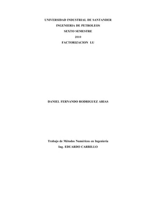 UNIVERSIDAD INDUSTRIAL DE SANTANDER
      INGENIERIA DE PETROLEOS
            SEXTO SEMESTRE
                   2010
          FACTORIZACION LU




 DANIEL FERNANDO RODRIGUEZ ARIAS




 Trabajo de Métodos Numéricos en Ingeniería
        Ing. EDUARDO CARRILLO
 