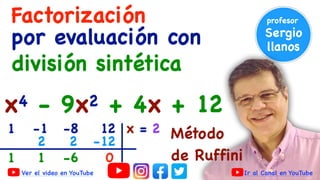 Factorización
por evaluación con
división sintética
-8
-1
1
2 2 -12
x = 2
1 1 0
-6
12
x4 - 9x2 + 4x + 12
Método
de Ruffini
Ir al Canal en YouTube
Ver el video en YouTube
 