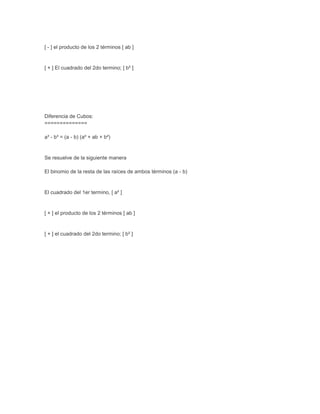 [ - ] el producto de los 2 términos [ ab ]


[ + ] El cuadrado del 2do termino; [ b² ]




Diferencia de Cubos:
==============

a³ - b³ = (a - b) (a² + ab + b²)


Se resuelve de la siguiente manera

El binomio de la resta de las raíces de ambos términos (a - b)


El cuadrado del 1er termino, [ a² ]


[ + ] el producto de los 2 términos [ ab ]


[ + ] el cuadrado del 2do termino; [ b² ]
 