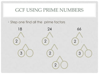 GCF USING PRIME NUMBERS

• Step one find all the prime factors

        18                 24                   66


    2        9         2       12           2        33


         3       3         2        6           3         11


                                2       3
 