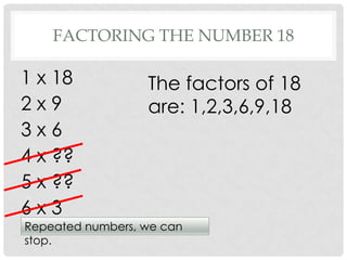 FACTORING THE NUMBER 18

1 x 18            The factors of 18
2x9               are: 1,2,3,6,9,18
3x6
4 x ??
5 x ??
6x3
Repeated numbers, we can
stop.
 