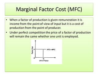 Marginal Factor Cost (MFC)
• When a factor of production is given remuneration it is
income from the point of view of input but it is a cost of
production from the point of producer.
• Under perfect competition the price of a factor of production
will remain the same whether one unit is employed.
 