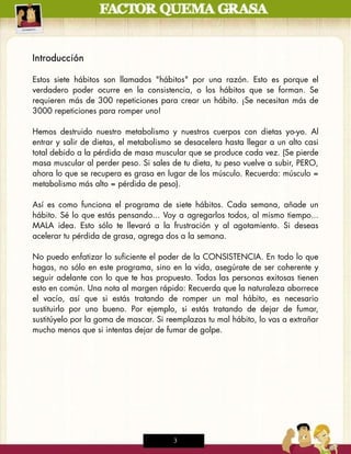 Introducción

Estos siete hábitos son llamados "hábitos" por una razón. Esto es porque el
verdadero poder ocurre en la consistencia, o los hábitos que se forman. Se
requieren más de 300 repeticiones para crear un hábito. ¡Se necesitan más de
3000 repeticiones para romper uno!

Hemos destruido nuestro metabolismo y nuestros cuerpos con dietas yo-yo. Al
entrar y salir de dietas, el metabolismo se desacelera hasta llegar a un alto casi
total debido a la pérdida de masa muscular que se produce cada vez. (Se pierde
masa muscular al perder peso. Si sales de tu dieta, tu peso vuelve a subir, PERO,
ahora lo que se recupera es grasa en lugar de los músculo. Recuerda: músculo =
metabolismo más alto = pérdida de peso).

Así es como funciona el programa de siete hábitos. Cada semana, añade un
hábito. Sé lo que estás pensando... Voy a agregarlos todos, al mismo tiempo...
MALA idea. Esto sólo te llevará a la frustración y al agotamiento. Si deseas
acelerar tu pérdida de grasa, agrega dos a la semana.

No puedo enfatizar lo suficiente el poder de la CONSISTENCIA. En todo lo que
hagas, no sólo en este programa, sino en la vida, asegúrate de ser coherente y
seguir adelante con lo que te has propuesto. Todas las personas exitosas tienen
esto en común. Una nota al margen rápido: Recuerda que la naturaleza aborrece
el vacío, así que si estás tratando de romper un mal hábito, es necesario
sustituirlo por uno bueno. Por ejemplo, si estás tratando de dejar de fumar,
sustitúyelo por la goma de mascar. Si reemplazas tu mal hábito, lo vas a extrañar
mucho menos que si intentas dejar de fumar de golpe.




                                        3
 