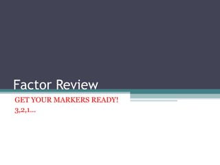 Factor Review
GET YOUR MARKERS READY!
3,2,1…
 