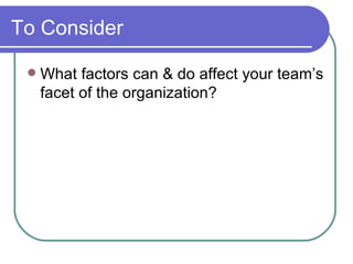 To Consider What factors can & do affect your team’s facet of the organization? 