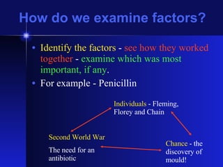 How do we examine factors? Identify the factors  -  see how they worked together  -  examine which was most important, if any . For example - Penicillin Second World War The need for an antibiotic Individuals  - Fleming, Florey and Chain Chance  - the discovery of mould! 