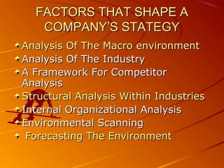 FACTORS THAT SHAPE A
   COMPANY’S STATEGY
Analysis Of The Macro environment
Analysis Of The Industry
A Framework For Competitor
Analysis
Structural Analysis Within Industries
Internal Organizational Analysis
Environmental Scanning
 Forecasting The Environment
 