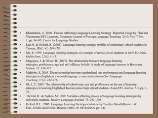 • Khamkhien, A. 2010. Factors Affecting Language Learning Strategy Reported Usage by Thai and
Vietnamese EFL Learners, Electronic Journal of Foreign Language Teaching 2010, Vol. 7, No.
1, pp. 66–85, Centre for Language Studies.
• Lan, R. & Oxford, R. (2003). Language learning strategy profiles of elementary school students in
Taiwan. IRAL, 41, 339-379.
• Ma, R. 1999. Language learning strategies of a sample of tertiary-level students in the P.R. China.
Guide-lines, 21(1), 1–11.
• Magogwe, J. & Oliver, R. (2007). The relationship between language learning
strategies, proficiency, age and self-efficacy beliefs: A study of language learners in Botswana.
System, 35, 338-352
• Mahlobo, E. 2003. The relationship between standardized test performance and language learning
strategies in English as a second language: a case study.Journal for Language
Teaching, 37(2), 164-176.
• Ok, L.Y. 2003. The relationship of school year, sex and proficiency on the use of learning
strategies in learning English of Korean junior high school students. Asian EFL Journal, 5,3, pp. 1–
36.
• Oxford, R., & Nyikos, M. 1989. Variables affecting choice of language learning strategies by
university students. Modern Language Journal, 73, 291–300.
• Oxford, R.L., 2005. Language Learning Strategies:what every Teacher Should Know. 1st
Edn., Heinle and Heinle, Boston, ISBN-10: 0838428622 pp: 342.
 