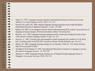 • Park G.-P. 1997. Language learning strategies and English proficiency in Korean university
students. For-eign Language Annals, 30(2), 211–221.
• Peacock, M. and B. Ho. 2003. Student language learning strategies across eight disciplines.
International Journal of Applied Linguistics, 13, pp. 179–200.
• Rahimi, M. 2004. An investigation into the factors affecting Iranian EFL students’ perceived use of
language learning strategies. Doctoral dissertation, Shiraz University,Iran.
• Ramirez, A.G. 1986. Language learning strategies used by adolescents studying French in New
York schools. Foreign Language Annals, 19, pp. 131–141.
• Rossi-Le, L. 1995. Learning style and strategies in adult immigrant ESL students. In J.M. Reid
(ed.), Learning styles in the ESL/EFL classroom. Boston: Heinle & Heinle, pp. 118–125.
• Shmais, W. 2003. Language learning strategy use in Palestine. TESL-EJ, 7(2). Retrieved from
http://tesl-ej.org/ej26/a3.html.
• Tremblay P & R Gardner, R. 1995. Expanding the Motivation Construct in Language Learning.
The Modern Language Journal . 79: 505-520.
• Wharton, G. 2000. Language learning strategy use of bilingual foreign language learner in
Singapore. Lan-guage Learning, 50(2), 203–243.
 