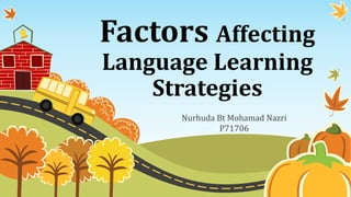 Factors Affecting
Language Learning
Strategies
Nurhuda Bt Mohamad Nazri
P71706
 