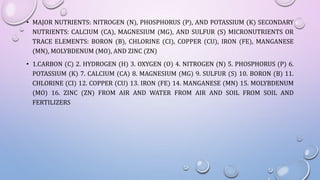 • MAJOR NUTRIENTS: NITROGEN (N), PHOSPHORUS (P), AND POTASSIUM (K) SECONDARY
NUTRIENTS: CALCIUM (CA), MAGNESIUM (MG), AND SULFUR (S) MICRONUTRIENTS OR
TRACE ELEMENTS: BORON (B), CHLORINE (CI), COPPER (CU), IRON (FE), MANGANESE
(MN), MOLYBDENUM (MO), AND ZINC (ZN)
• 1.CARBON (C) 2. HYDROGEN (H) 3. OXYGEN (O) 4. NITROGEN (N) 5. PHOSPHORUS (P) 6.
POTASSIUM (K) 7. CALCIUM (CA) 8. MAGNESIUM (MG) 9. SULFUR (S) 10. BORON (B) 11.
CHLORINE (CI) 12. COPPER (CU) 13. IRON (FE) 14. MANGANESE (MN) 15. MOLYBDENUM
(MO) 16. ZINC (ZN) FROM AIR AND WATER FROM AIR AND SOIL FROM SOIL AND
FERTILIZERS
 