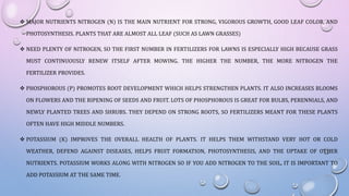  MAJOR NUTRIENTS NITROGEN (N) IS THE MAIN NUTRIENT FOR STRONG, VIGOROUS GROWTH, GOOD LEAF COLOR, AND
PHOTOSYNTHESIS. PLANTS THAT ARE ALMOST ALL LEAF (SUCH AS LAWN GRASSES)
 NEED PLENTY OF NITROGEN, SO THE FIRST NUMBER IN FERTILIZERS FOR LAWNS IS ESPECIALLY HIGH BECAUSE GRASS
MUST CONTINUOUSLY RENEW ITSELF AFTER MOWING. THE HIGHER THE NUMBER, THE MORE NITROGEN THE
FERTILIZER PROVIDES.
 PHOSPHOROUS (P) PROMOTES ROOT DEVELOPMENT WHICH HELPS STRENGTHEN PLANTS. IT ALSO INCREASES BLOOMS
ON FLOWERS AND THE RIPENING OF SEEDS AND FRUIT. LOTS OF PHOSPHOROUS IS GREAT FOR BULBS, PERENNIALS, AND
NEWLY PLANTED TREES AND SHRUBS. THEY DEPEND ON STRONG ROOTS, SO FERTILIZERS MEANT FOR THESE PLANTS
OFTEN HAVE HIGH MIDDLE NUMBERS.
 POTASSIUM (K) IMPROVES THE OVERALL HEALTH OF PLANTS. IT HELPS THEM WITHSTAND VERY HOT OR COLD
WEATHER, DEFEND AGAINST DISEASES, HELPS FRUIT FORMATION, PHOTOSYNTHESIS, AND THE UPTAKE OF OTHER
NUTRIENTS. POTASSIUM WORKS ALONG WITH NITROGEN SO IF YOU ADD NITROGEN TO THE SOIL, IT IS IMPORTANT TO
ADD POTASSIUM AT THE SAME TIME.
 